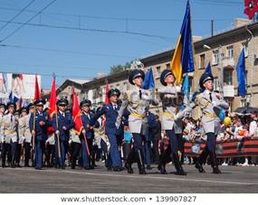 LUGANSK - MAY. 9: Victory Day is national holiday in Ukraine. Victory Day marks capitulation of Nazi Germany to Soviet Union..At parade of military portrayed police. May 9, 2013, Lugansk, Ukraine