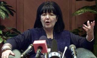 Mira Marković speaking at a press conference at the headquarters of her party, the Yugoslav United Left party (JUL), in Belgrade in 2000.
