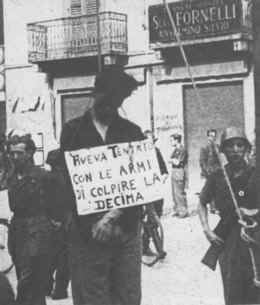 L'esposizione del corpo del partigiano Ferruccio Nazionale, impiccato dagli uomini della X MAS.
